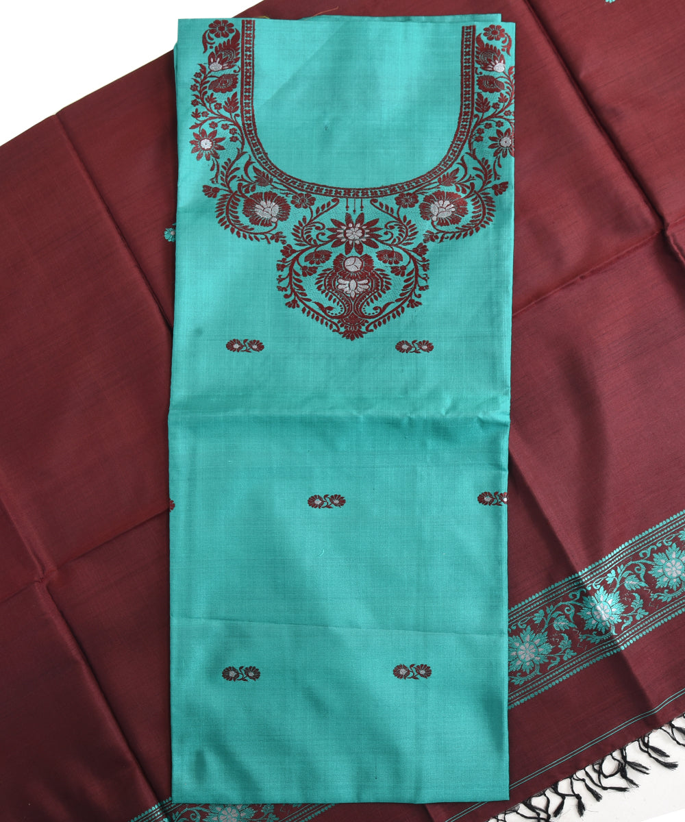 2pc Cyan green brown handwoven mulberry silk dress material with dupatta