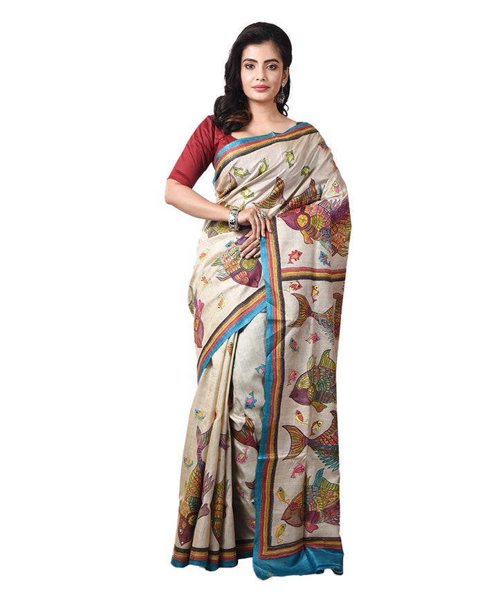 Bengal tussar silk beige hand embroidery kantha stitch saree