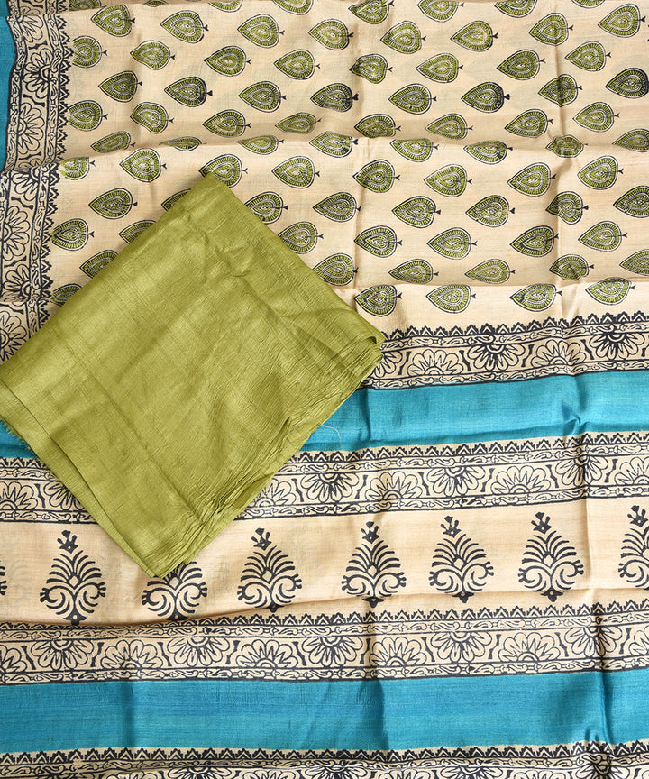 2pc Green beige hand block print tussar silk dress material