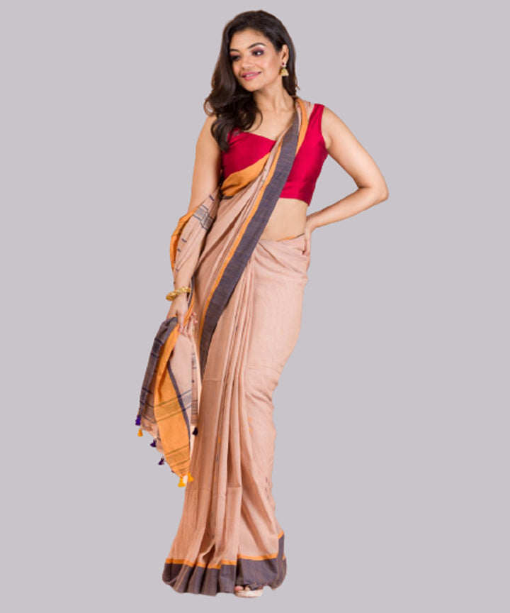 Peach black orange handwoven bengal cotton jamdani saree