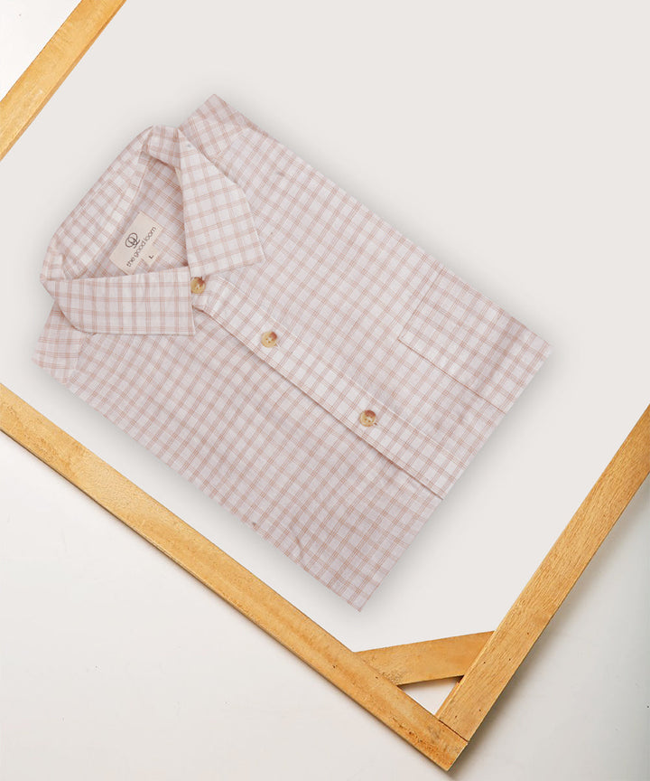 Light brown white checks regular collar cotton shirt