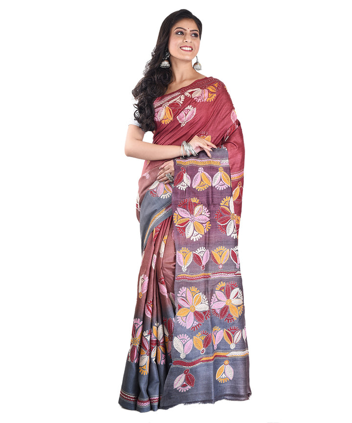 Maroon grey tussar silk hand embroidery saree