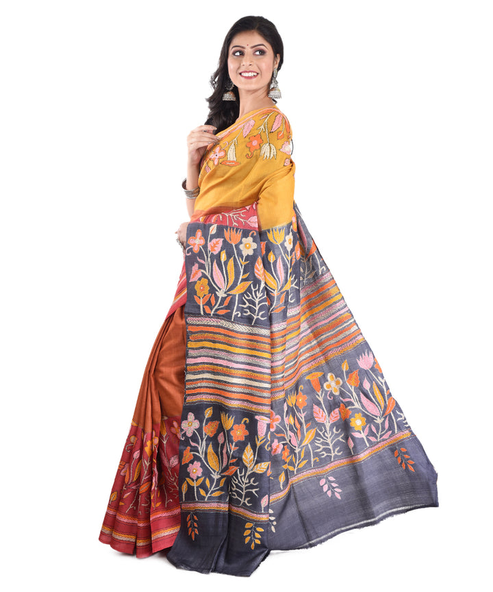Mustard red tussar silk hand embroidery saree