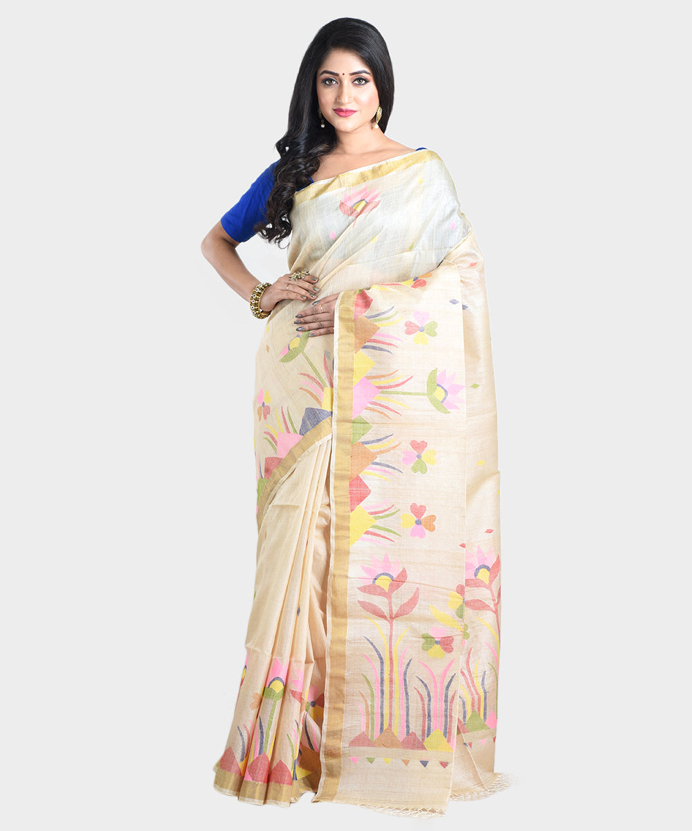 Beige handwoven jamdani tussar silk saree