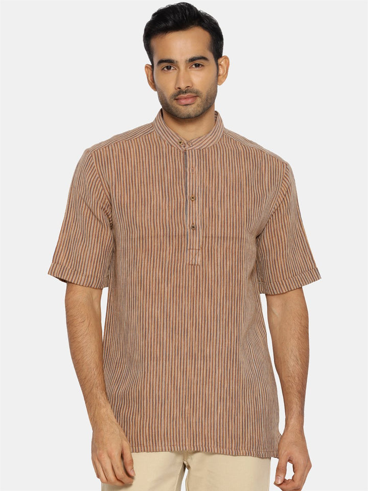 Brown striped mandarin collared short sleeve shirt