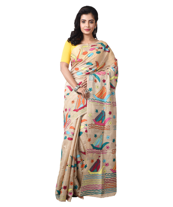 Beige bengal tussar silk hand embroidery kantha stitch saree