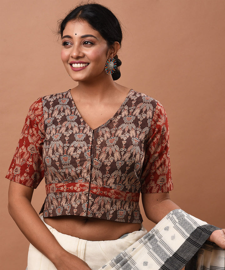Grey red ajrakh hand block printed blouse