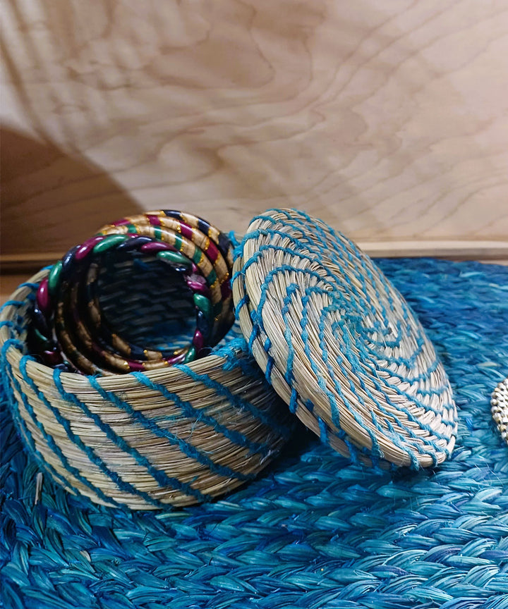 Cyan blue handcrafted sabai grass storage box (medium)