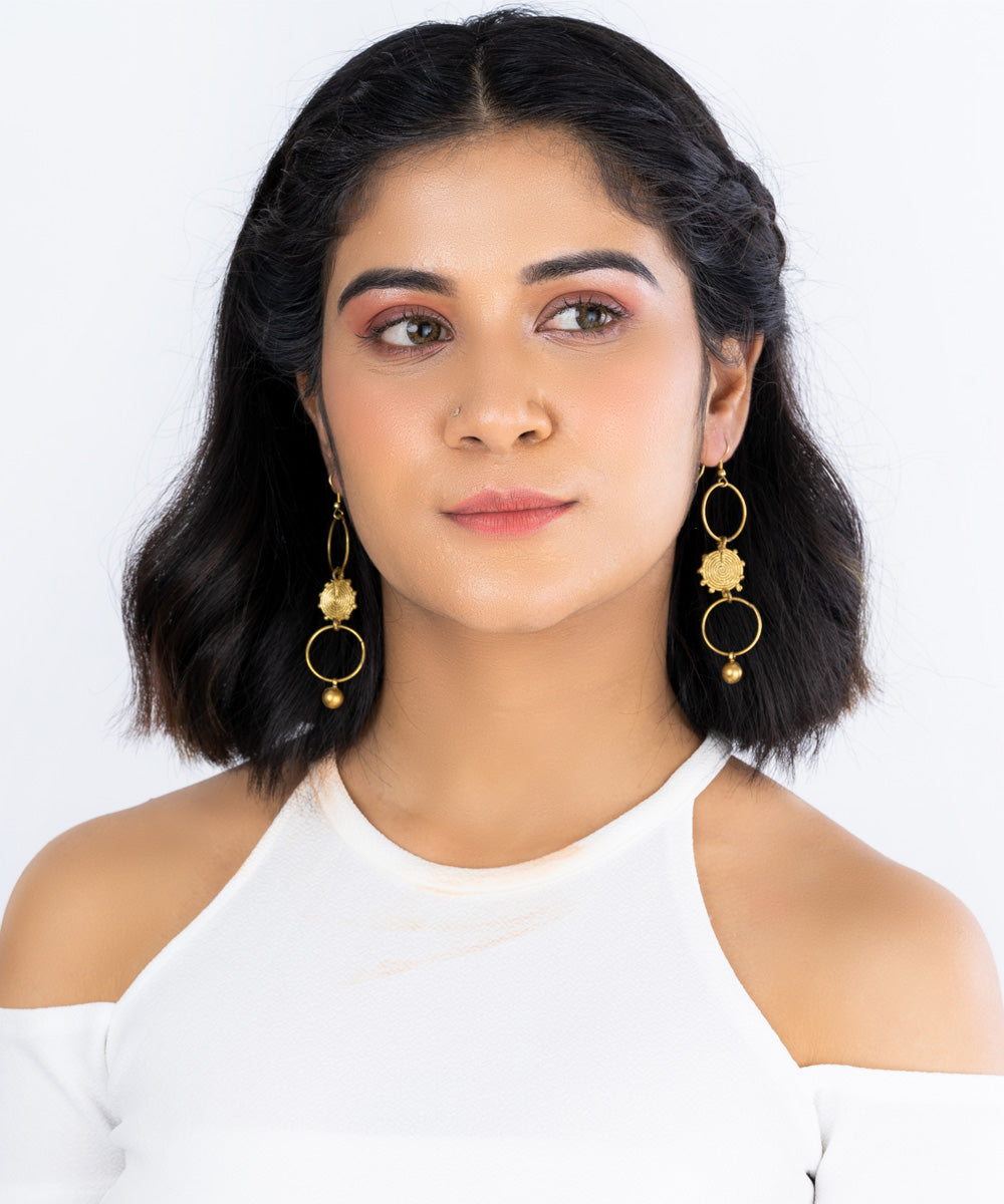 Golden brass tri-ring gold brass earrings