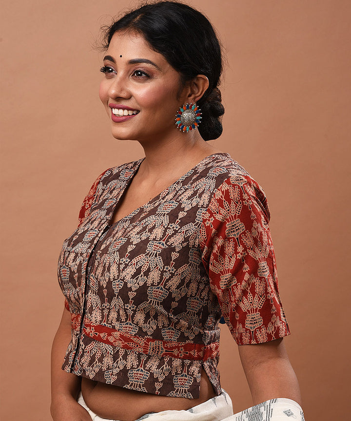 Grey red ajrakh hand block printed blouse