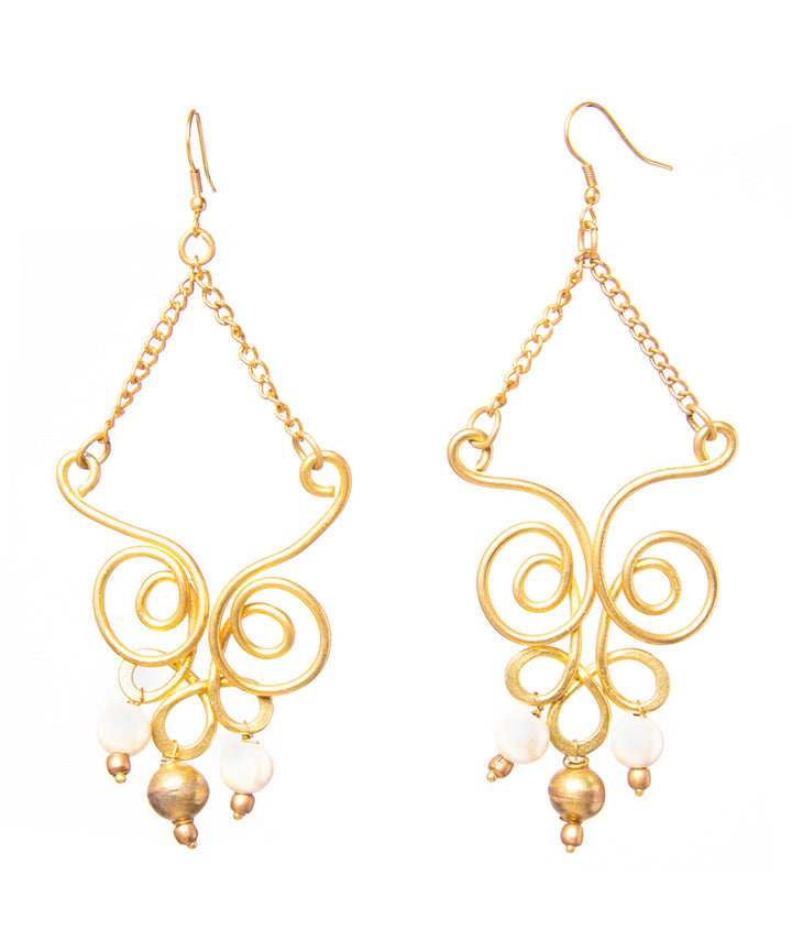 Golden brass and pearl dangle drop earrings