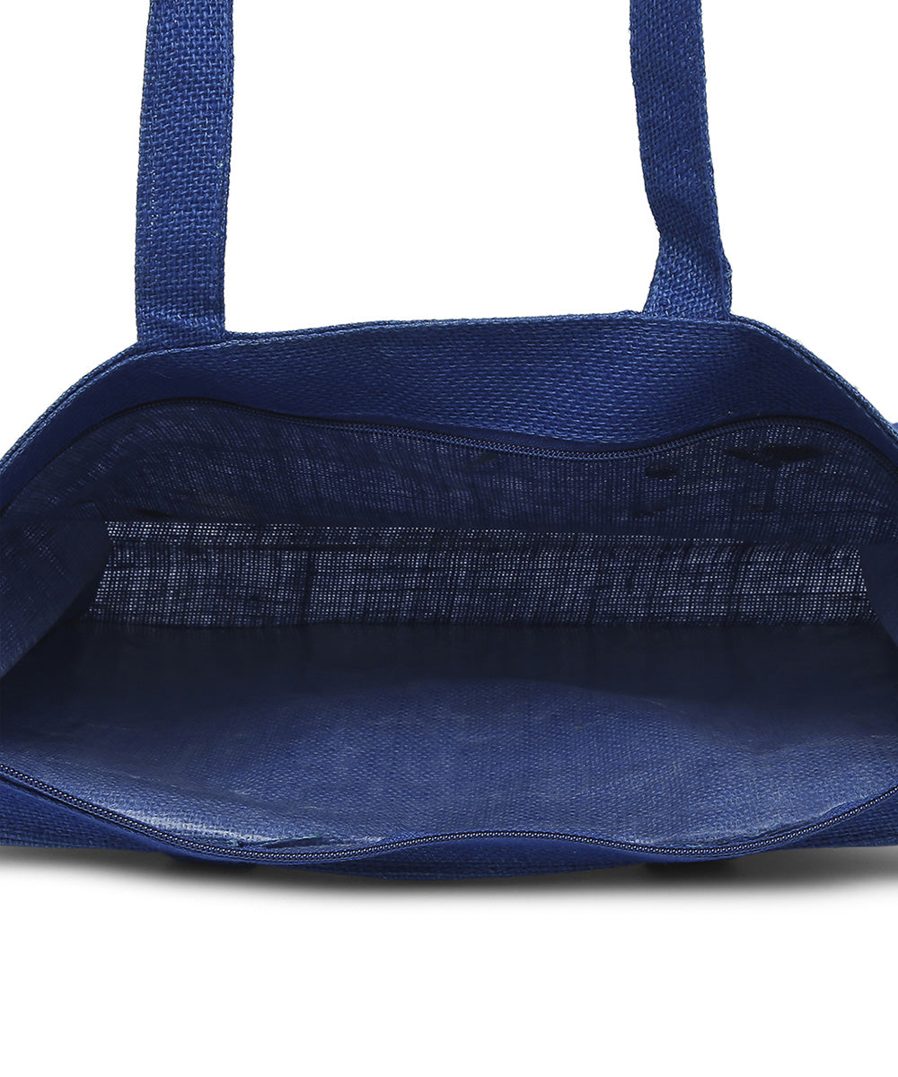 Navy blue hand printed jute shopping bag