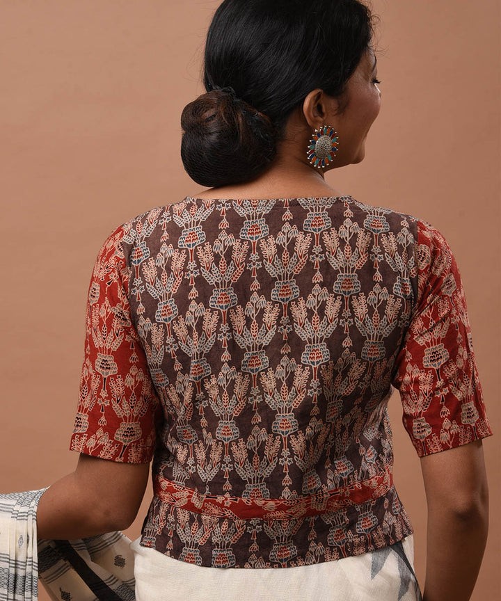 Grey red ajrakh hand block printed blouse