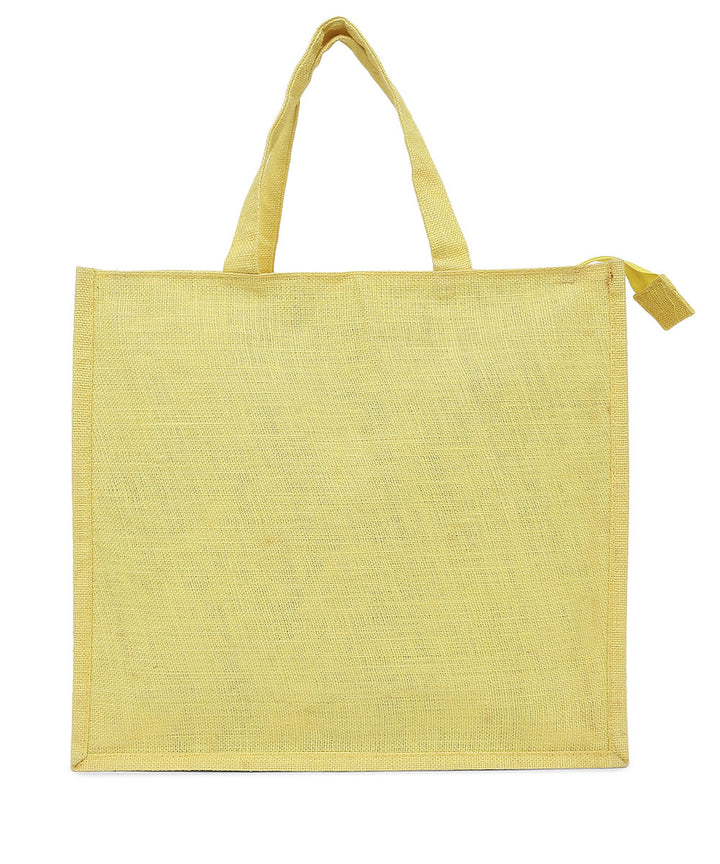 Yellow hand printed jute shopping bag