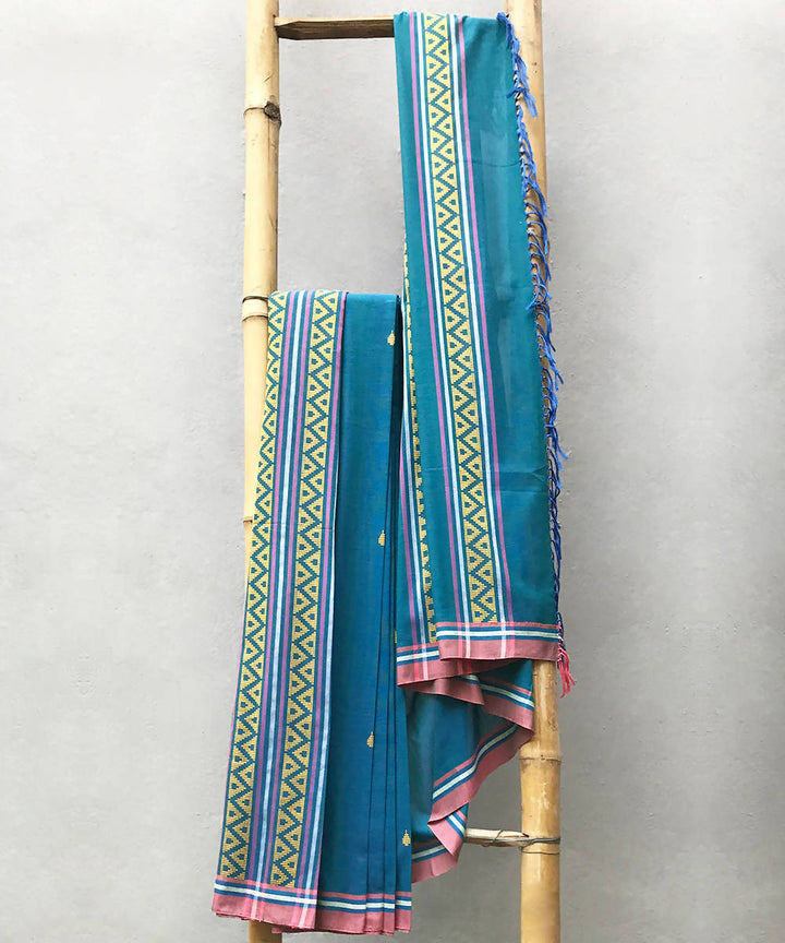 Turquoise handwoven extra weft cotton saree