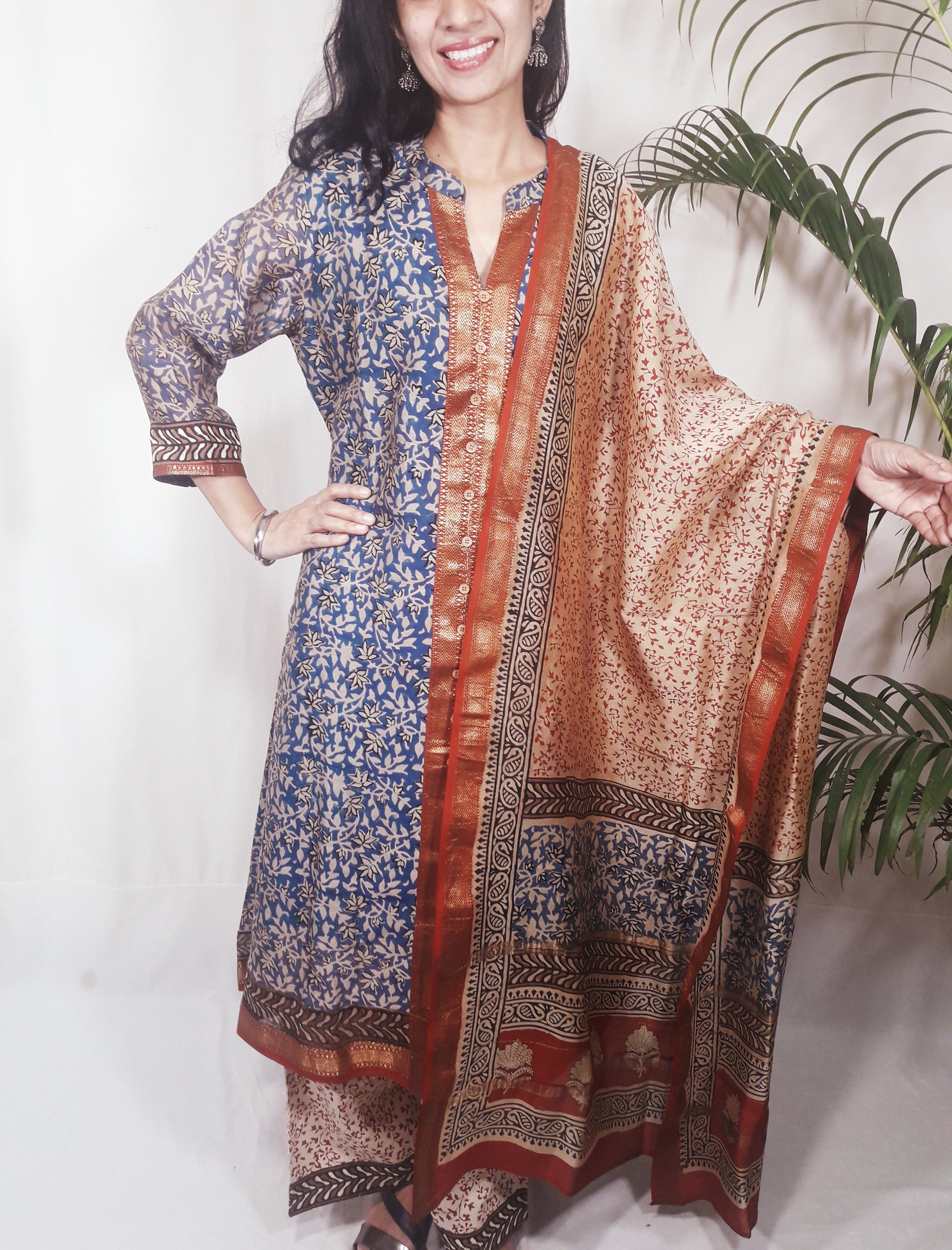 Purple -Traditional Maheshwari Handloom Silk Cotton Kurta with Dupatta Set