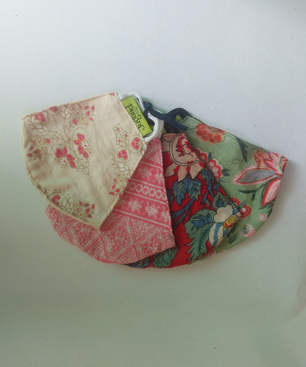 Multicolor hand block printed cotton mask set of 4