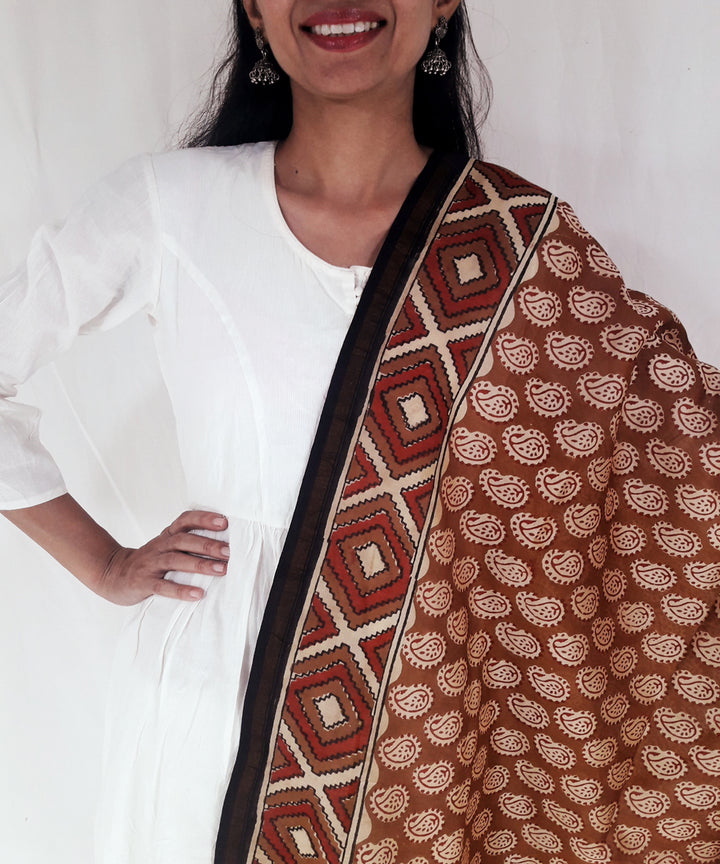 Beige maroon hand block print cotton silk chanderi dupatta