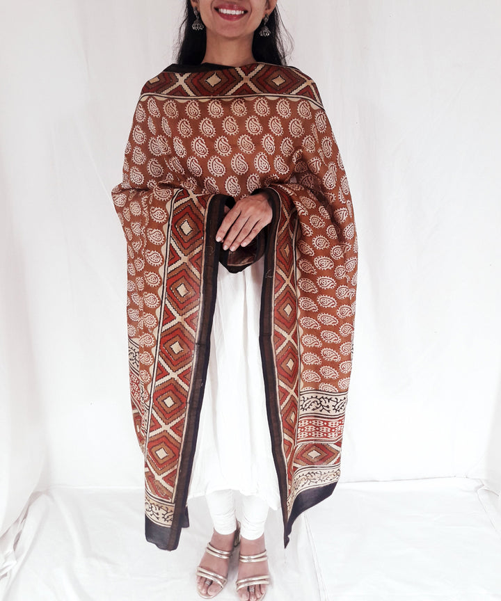 Beige maroon hand block print cotton silk chanderi dupatta