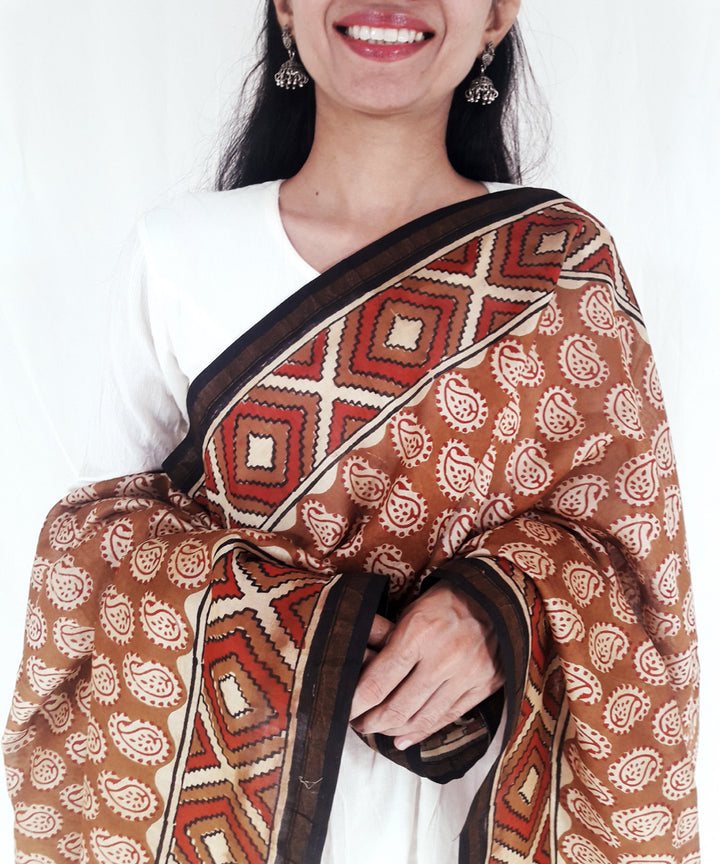 Beige maroon hand block print cotton silk chanderi dupatta