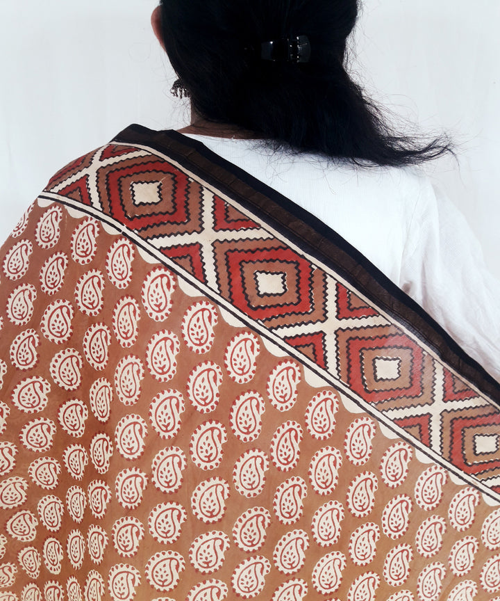Beige maroon hand block print cotton silk chanderi dupatta