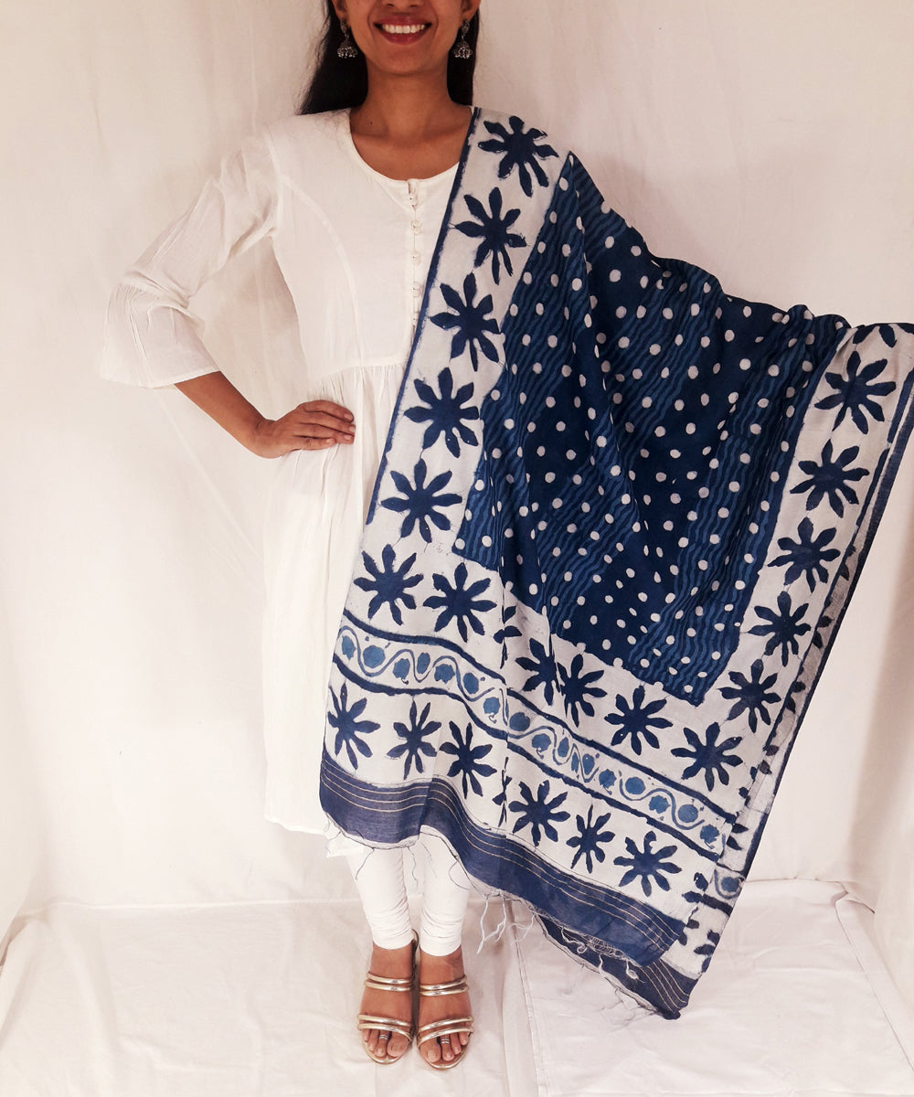 Indigo hand block print cotton viscose dupatta