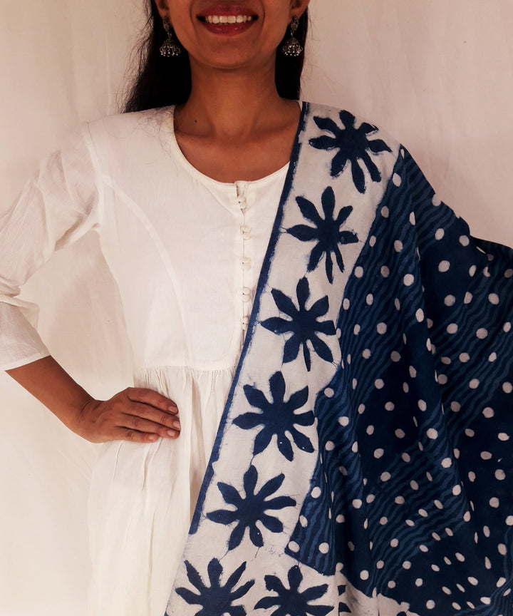 Indigo hand block print cotton viscose dupatta