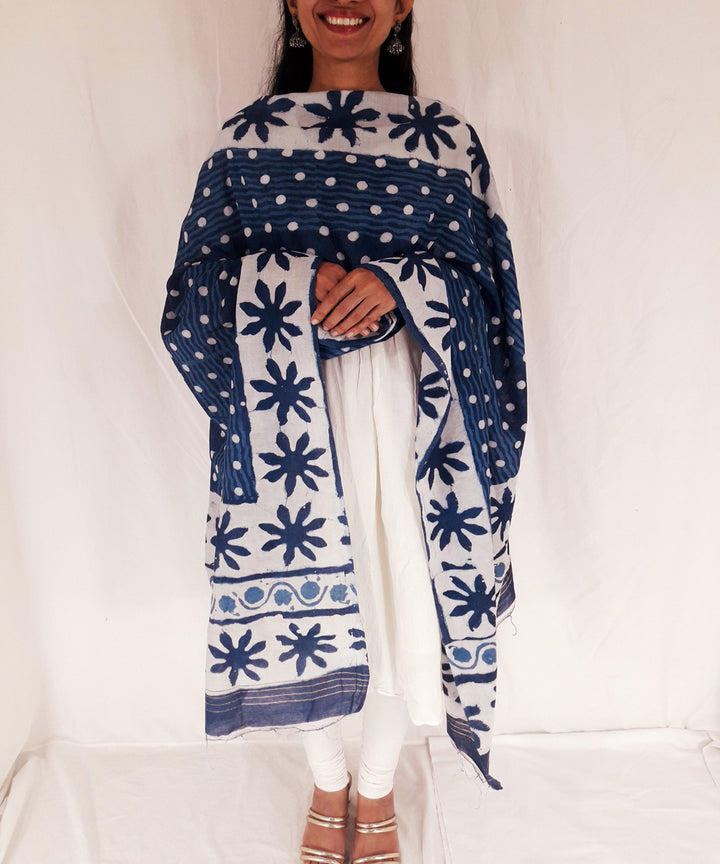 Indigo hand block print cotton viscose dupatta