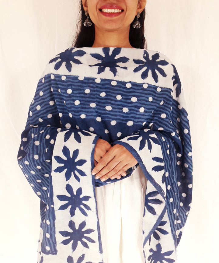 Indigo hand block print cotton viscose dupatta