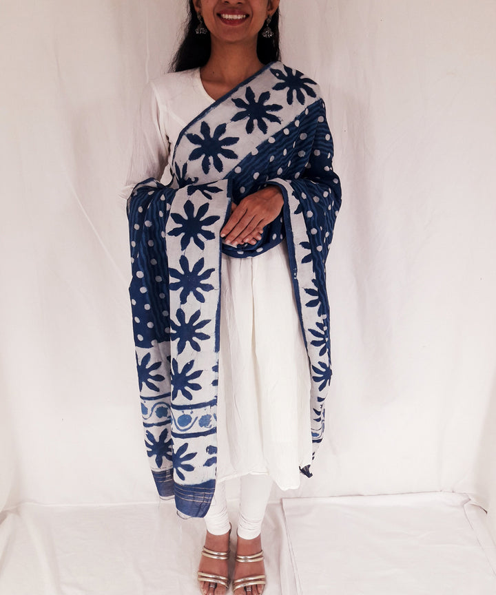 Indigo hand block print cotton viscose dupatta