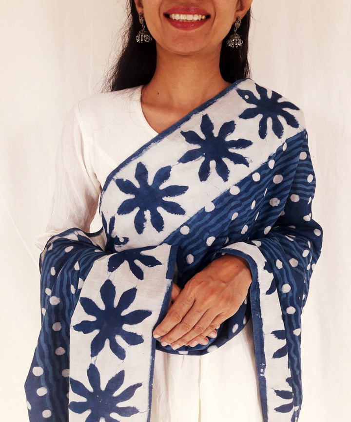 Indigo hand block print cotton viscose dupatta