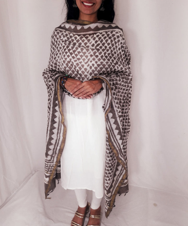 Brown handblock print chanderi cotton silk dupatta