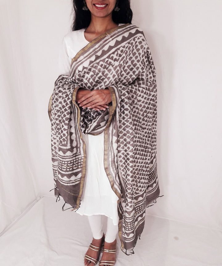 Brown handblock print chanderi cotton silk dupatta