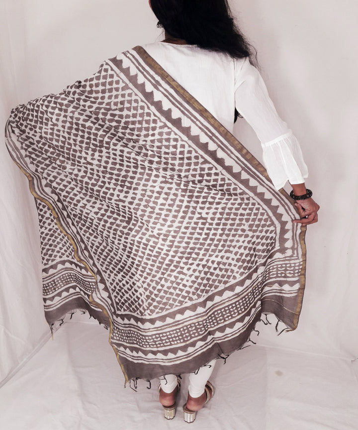 Brown handblock print chanderi cotton silk dupatta