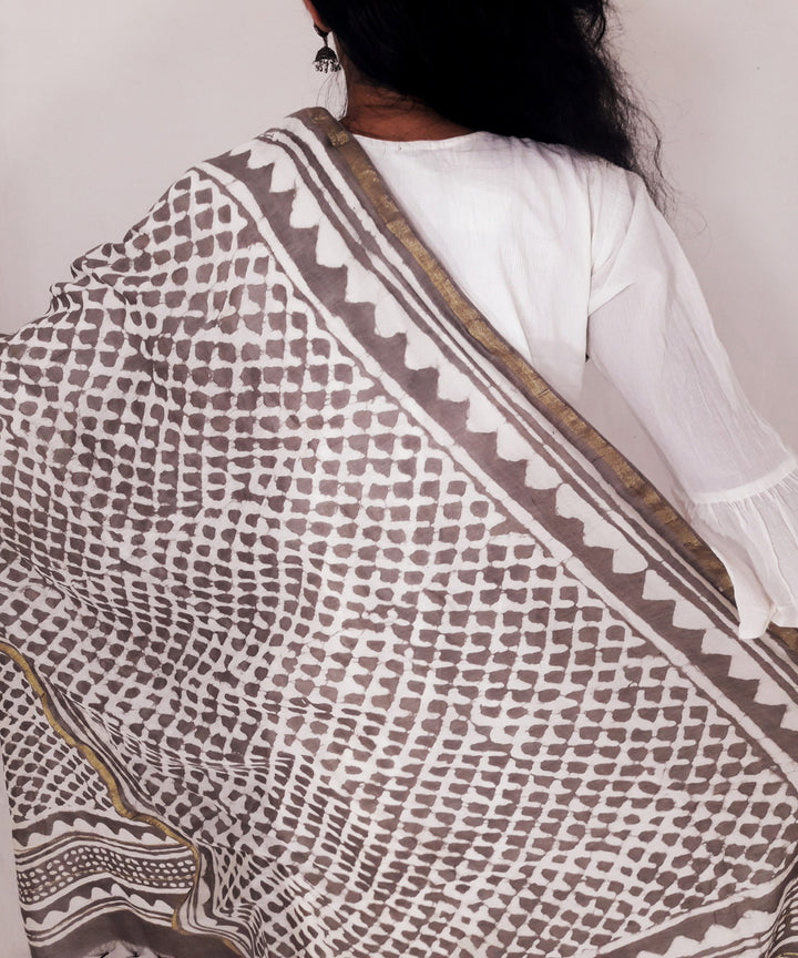 Brown handblock print chanderi cotton silk dupatta