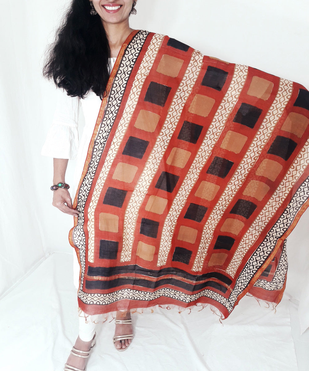 Multicolour handblock print chanderi cotton silk dupatta