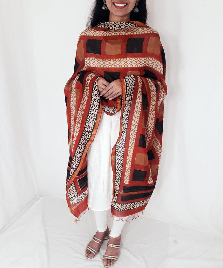 Multicolour handblock print chanderi cotton silk dupatta