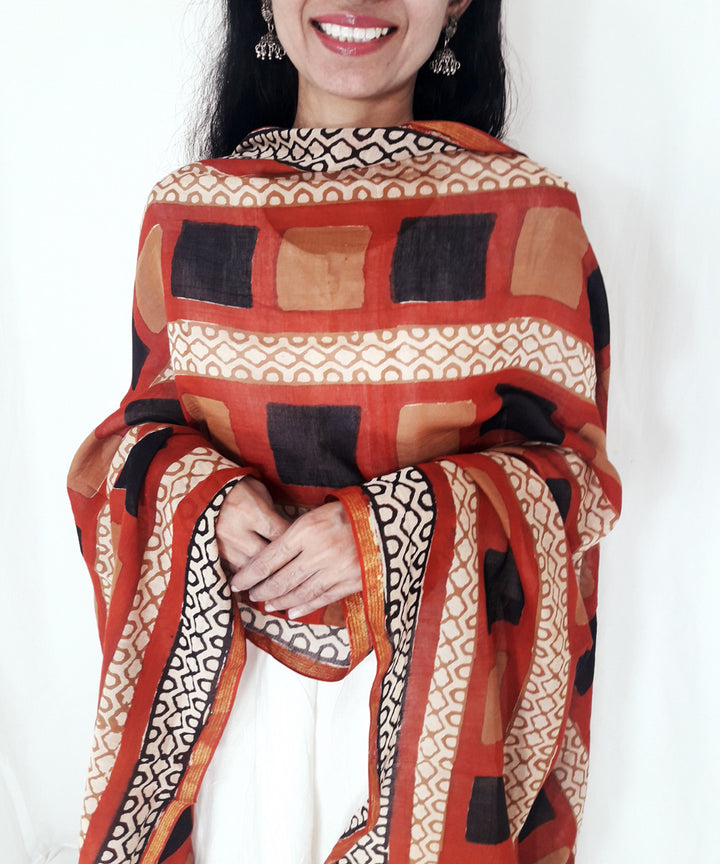 Multicolour handblock print chanderi cotton silk dupatta