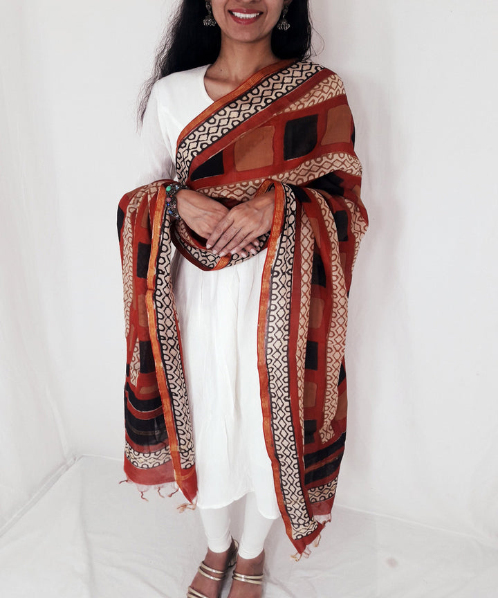 Multicolour handblock print chanderi cotton silk dupatta