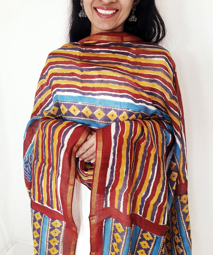 Multi color handblock print chanderi cotton silk dupatta