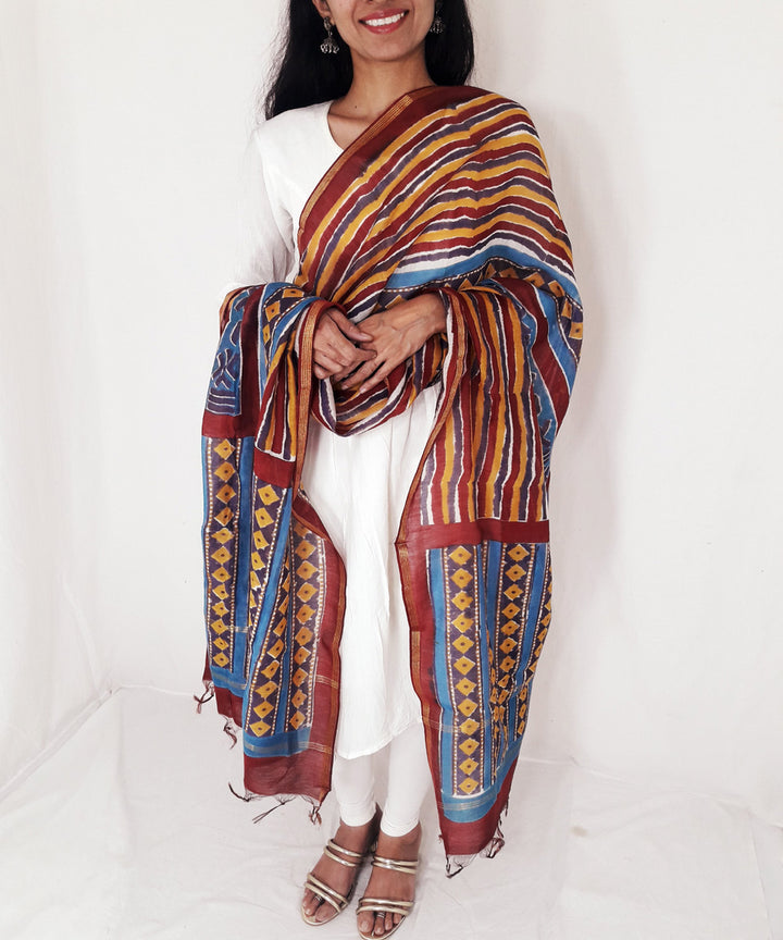Multi color handblock print chanderi cotton silk dupatta