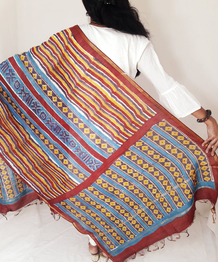 Multi color handblock print chanderi cotton silk dupatta