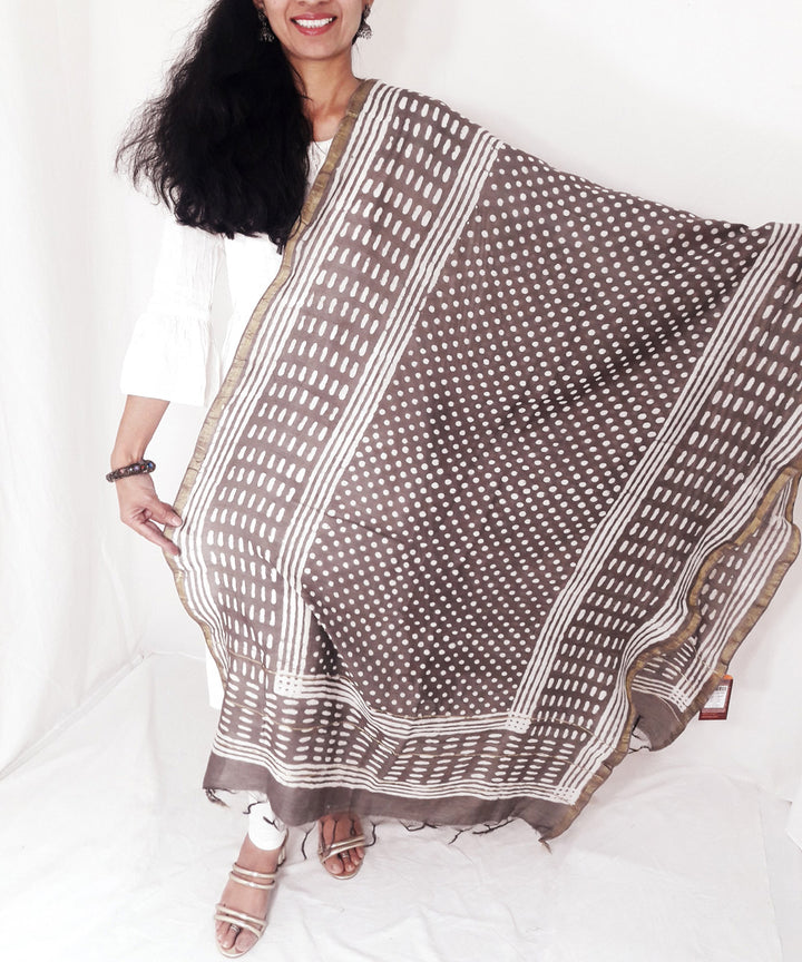 Brown handblock printed chanderi cotton silk dupatta