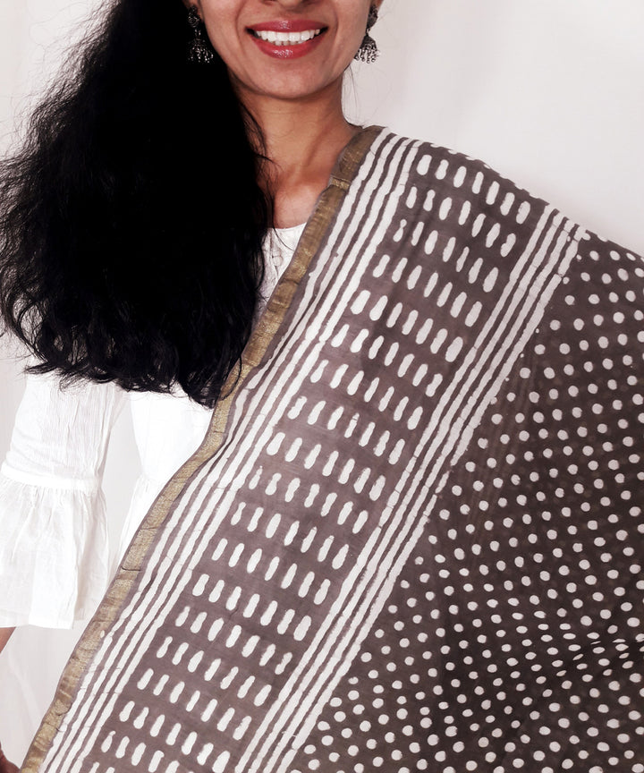 Brown handblock printed chanderi cotton silk dupatta