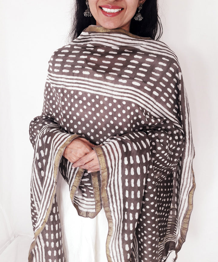 Brown handblock printed chanderi cotton silk dupatta