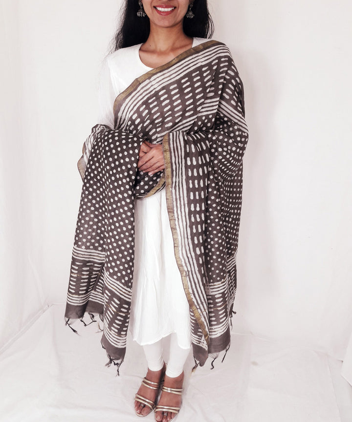 Brown handblock printed chanderi cotton silk dupatta
