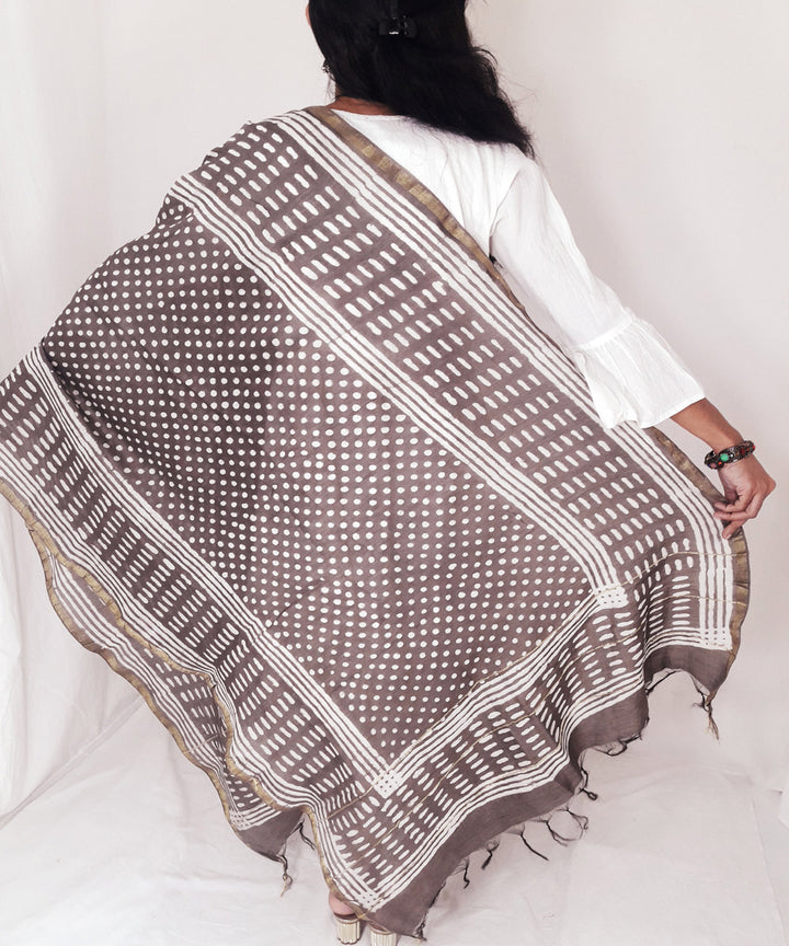 Brown handblock printed chanderi cotton silk dupatta