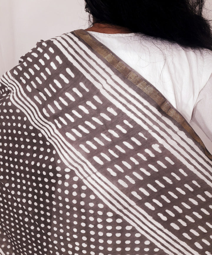 Brown handblock printed chanderi cotton silk dupatta