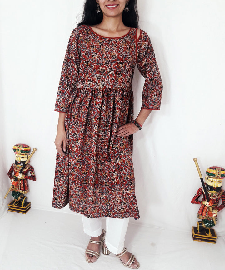 Red hand block printed kalamkari cotton kurti