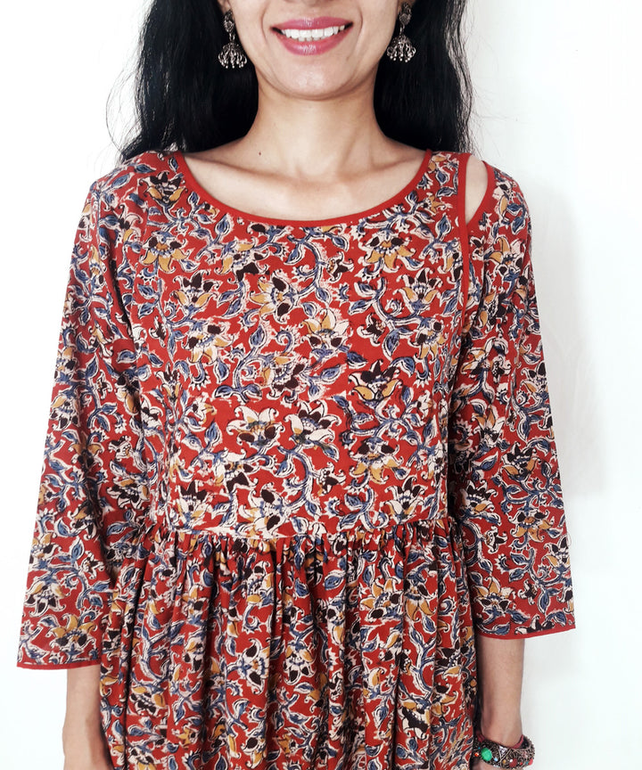 Red hand block printed kalamkari cotton kurti